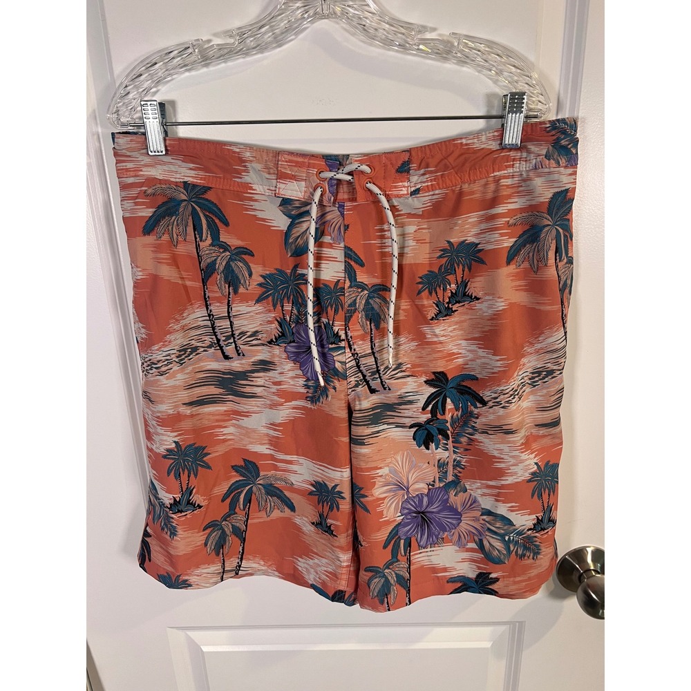 Goodfellow & Co Mens Swim Trunks‎ Tropical Palm Tree Floral Orange Size L